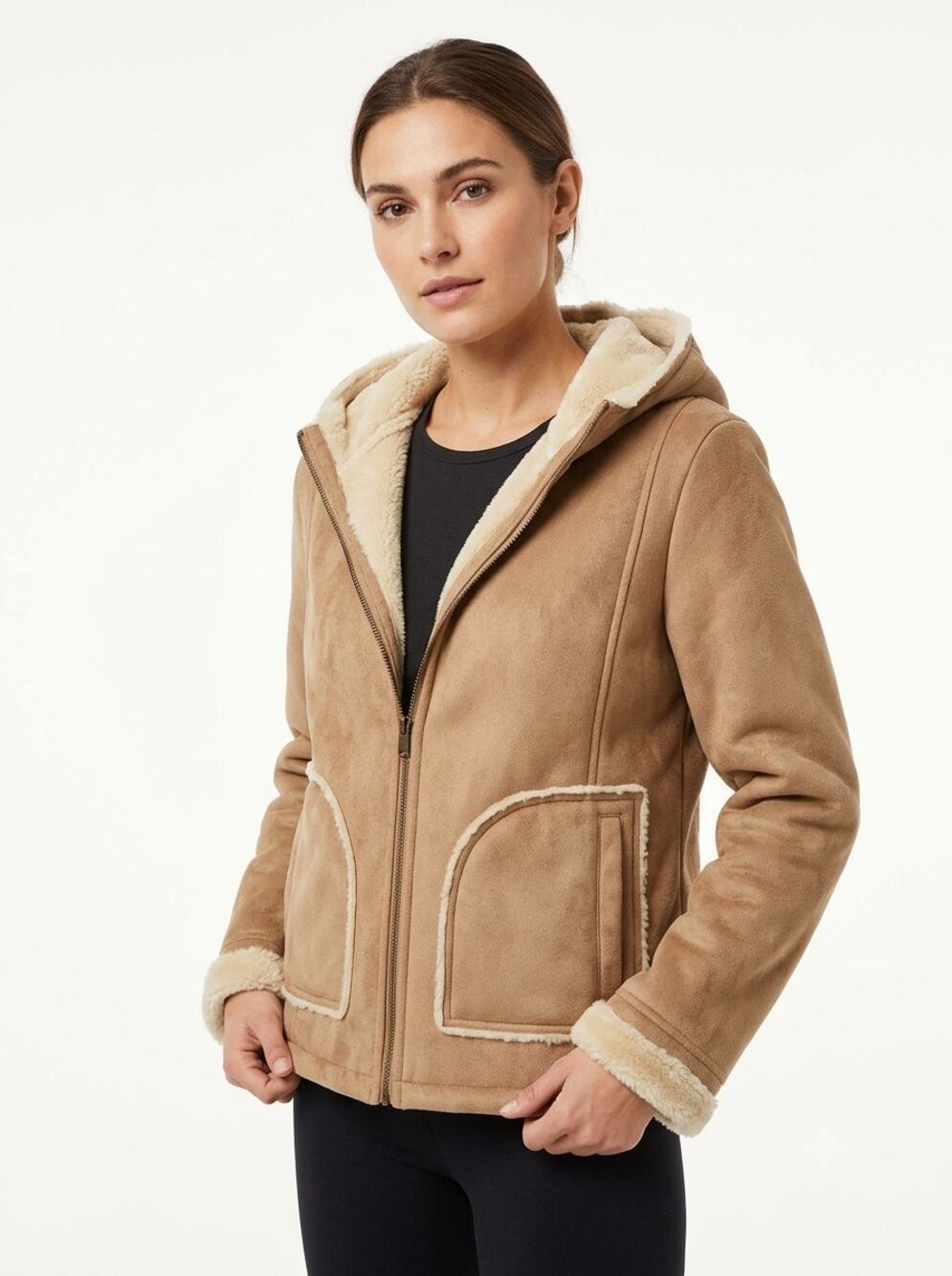 Big Chill Hooded Jacket Coat Women's L Beige Faux Suede Shearling Fluffy Outdoor
